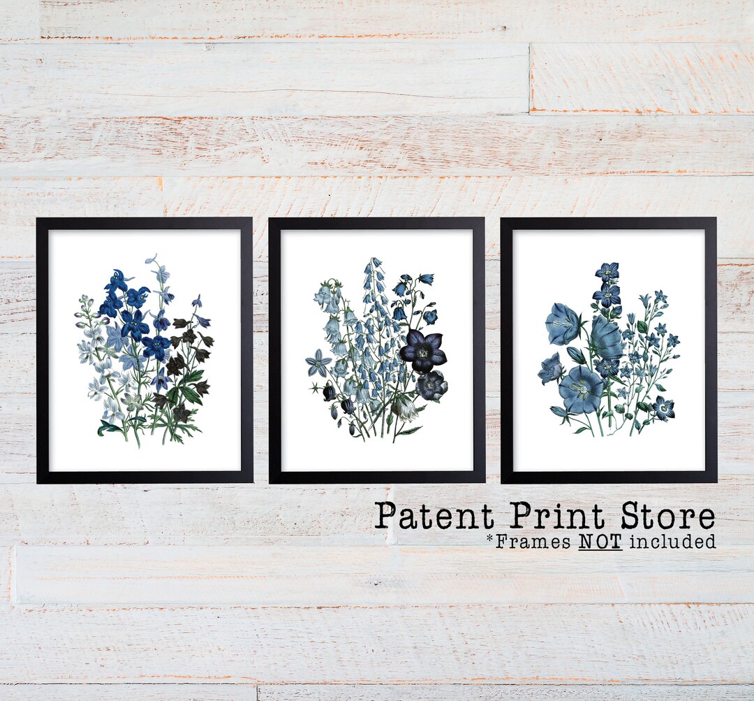 Blue Flower Art Prints, Botanical Wall Decor Set - Etsy