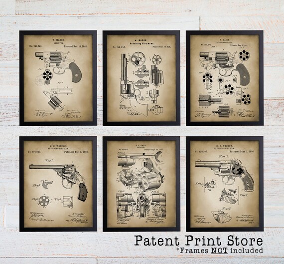 Revolver Patent Print Set. Gun Patent Prints. Revolver Gun Patent Print Set. Revolver Patents. Gun Gift Idea. Vintage Gun Patent. Hand Gun.