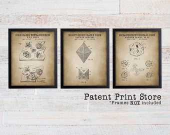 Dungeons and Dragons Dice Patent Art Prints, Set of 3