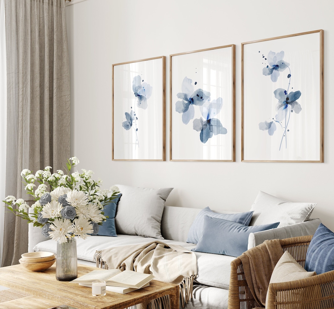 Blue Botanical Watercolor Prints, Set of 3, Floral Wall Art - Etsy