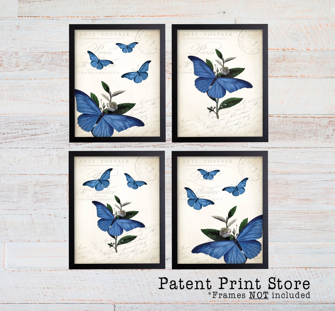 Blue Butterfly Botanical Art Print Set, Farmhouse Wall Decor - Etsy
