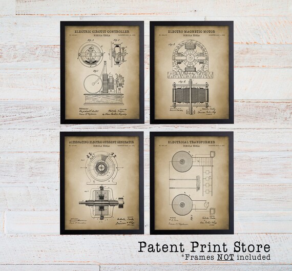 Nikola Tesla Patent Print Set. Tesla Patent Prints. Engineering Patent Print Set.  Electric Circuit. Engineer Gifts. Gifts for Engineer.