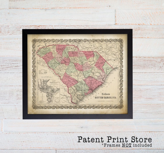 Colton's 1865 South Carolina Map. South Carolina Art Print. Historic Map. Map Decor. Map of South Carolina. Office Art. 87