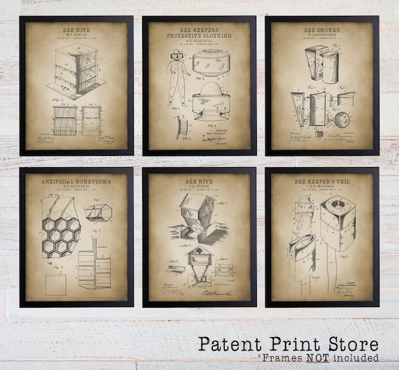 Beekeeping Patent Prints. Beekeeping Decor. Beekeeper Gift. Bee Art. Bee Prints. Vintage Bee Decor. Bee Patent Prints. Farmhouse Art Prints.