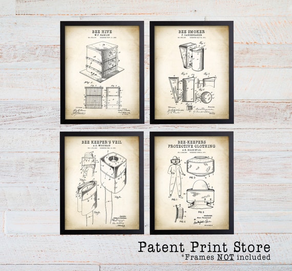 Beekeeping Patent Prints. Beekeeping Decor. Beekeeper Gift. Bee Art. Bee Prints. Vintage Bee Decor. Bee Patent Prints. Farmhouse Art Prints.