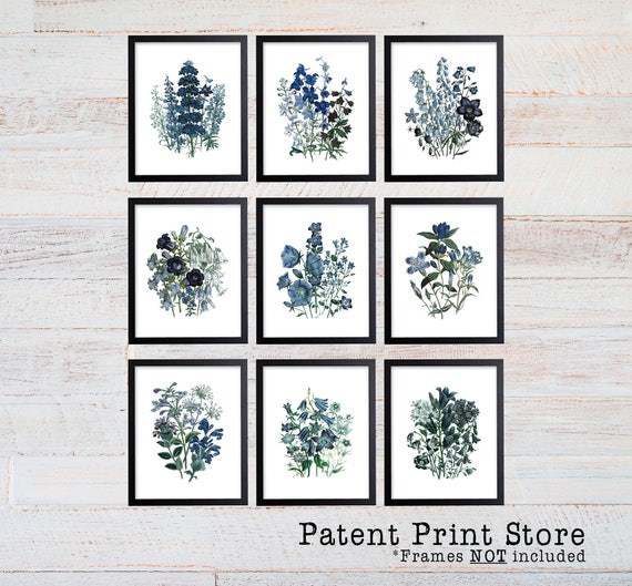 Blue Botanical Print Set. Antique Botanical Print. Illustration. Blue Flower Prints. Flower Wall Art. Botanical Wall Art. Farmhouse Art. 297
