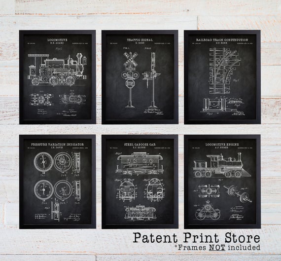 Railroad Patent Prints. Locomotive Patent Prints. Train Wall Art Prints. Vintage Trains. Train Art. Train Decor. Train Nursery Art Prints.