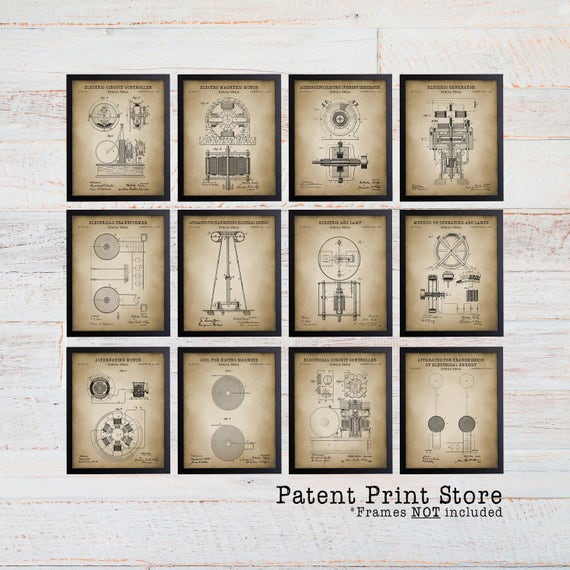 Nikola Tesla Patent Print Set. Tesla Patent Prints. Engineering Patent Print Set. Tesla Coil Patents. Tesla Lamp Patent. Electric Circuit.