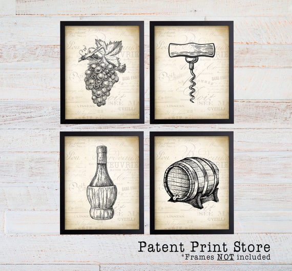 Wine Art Print Set. Wine Art. Vintage Wine Art. Wine Prints. Wine Gifts. Wall Art. Wall Decor. Dining Room Art. Kitchen. Wine Kitchen Decor.