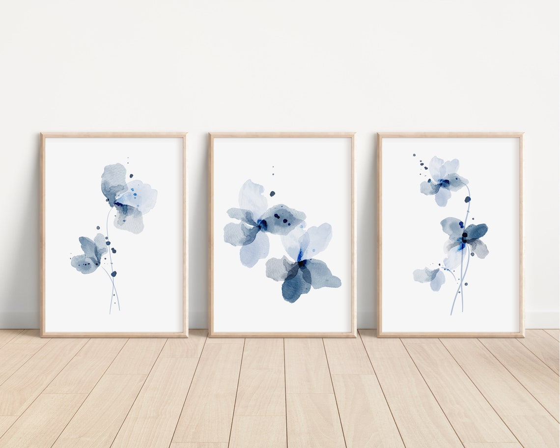 Blue Botanical Watercolor Prints, Set of 3, Floral Wall Art - Etsy
