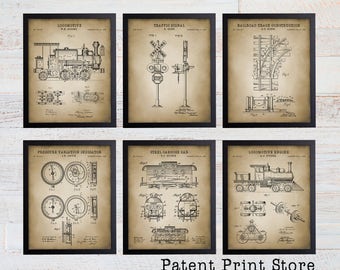 Vintage Train Patent Prints, Set of 6, Locomotive Wall Art