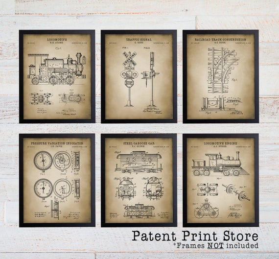 Railroad Patent Prints. Locomotive Patent Prints. Train Wall Art Prints. Vintage Trains. Train Art. Train Decor. Train Nursery Art Prints.