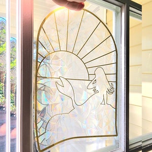 Mermaid Suncatcher, prismatic window cling rainbow sun catcher with vinyl mermaid ocean image. your choice of vinyl color for picture.