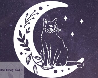 May include: A white graphic illustration of a cat sitting on a crescent moon decorated with leaves and berries, set against a dark purple starry sky. The text The Grey Cat's House is visible in the bottom left corner with a cat silhouette icon.