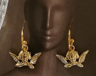 Aesthetic angel earrings, Gold cupid hoops, Y2K charm earrings, Gold charm half hoops, Romantic cupid hoop earrings, Religious dangle hoops