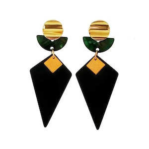 Big retro party earrings, Black plexiglass earrings, Rhombus statement earrings, Aesthetic acrylic earrings,  80s gold green earrings