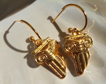Greek mythology earrings, Gold Ionic column earrings, Elegant gold half hoops, Hellenic pillar earrings, Greek aesthetic souvenir gift