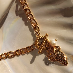 Greek column necklace, Acropolis pillar necklace, Round toggle clasp necklace, Thick gold stainless steel necklace, Ancient monument pendant