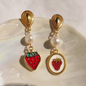 Strawberry fruit earrings, Elegant mismatched earrings, Vintage aesthetic earrings, Pop of color spring earrings, White oval enamel earrings image 1