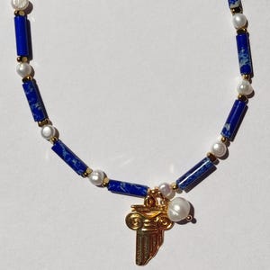 Greek mythology Ionic column necklace, Blue marble cylindrical bead necklace, Gold Athens pillar charm necklace with freshwater pearls