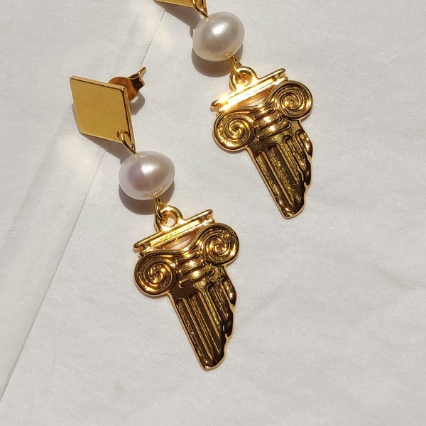 Greek mythology earrings, Ancient Greek column earrings, Historical Ionic pillar earrings, Acropolis pillar earrings, Grecian pearl earrings