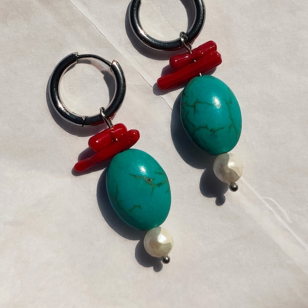 Créoles turquoise charms, Créoles en acier inoxydable argenté, Créoles ethniques corail rouge, Accessoires de vêtements de plage, Créoles esthétiques d'été