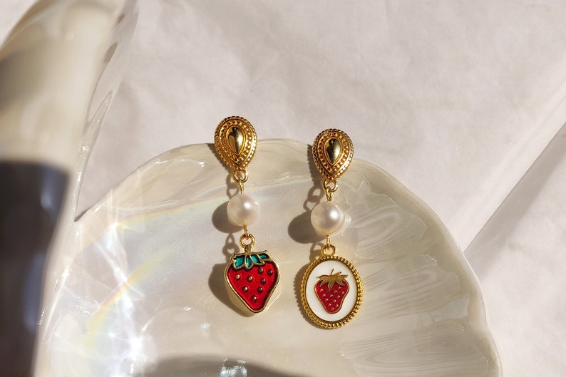 Strawberry fruit earrings, Elegant mismatched earrings, Vintage aesthetic earrings, Pop of color spring earrings, White oval enamel earrings image 1
