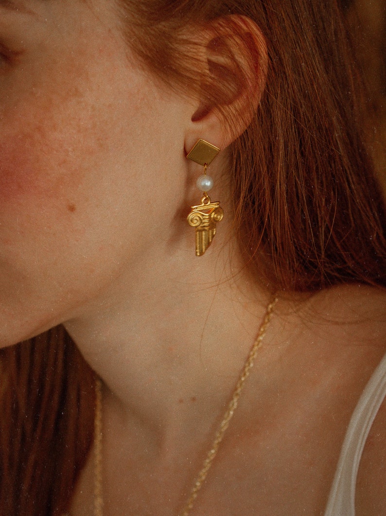 Aesthetic earrings Column jewelry Greek earrings Pearl Etsy
