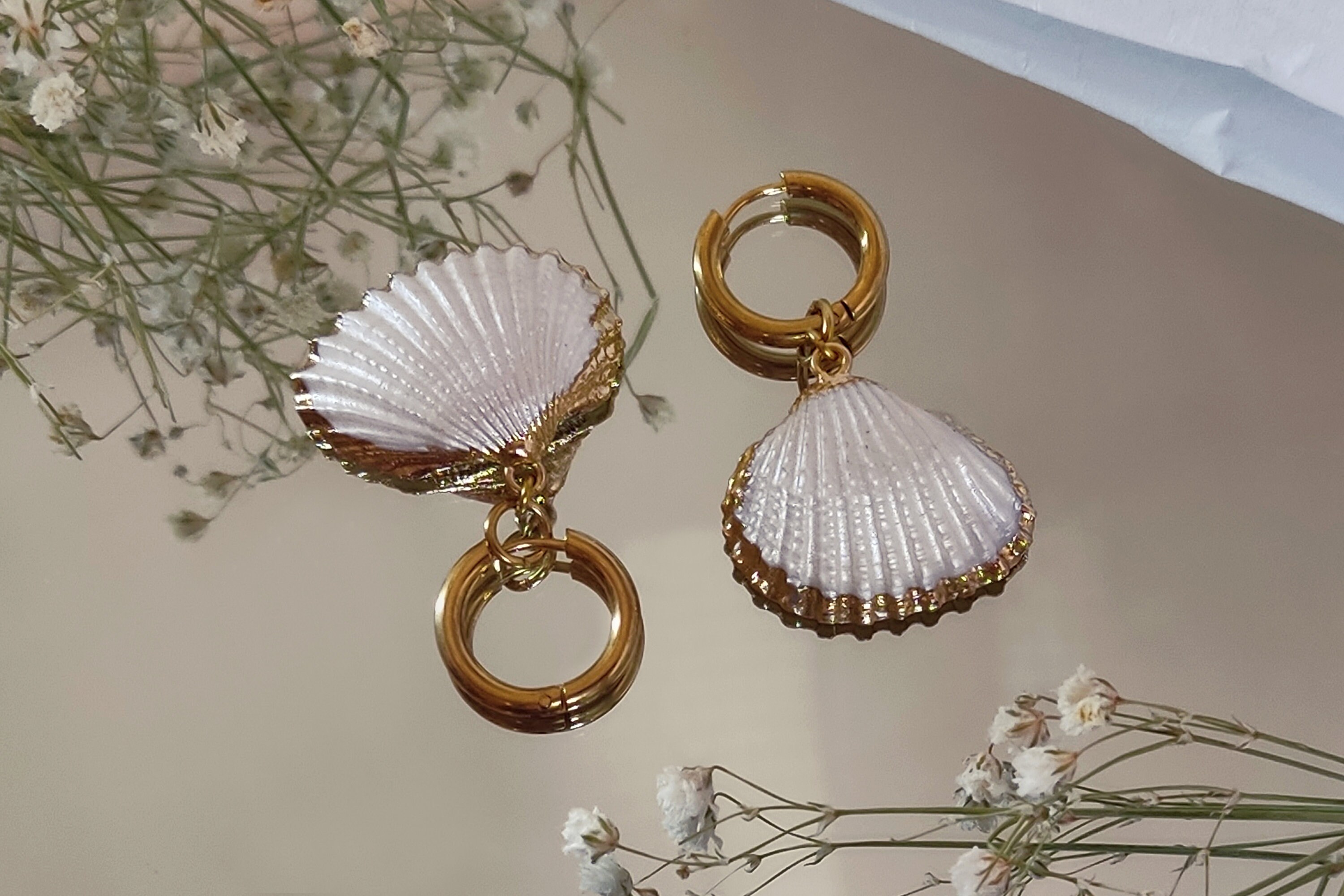 Real Shell Earing Pearl White Real Shell Earrings, Gold Dipped Seashell Hoops, Gold ...