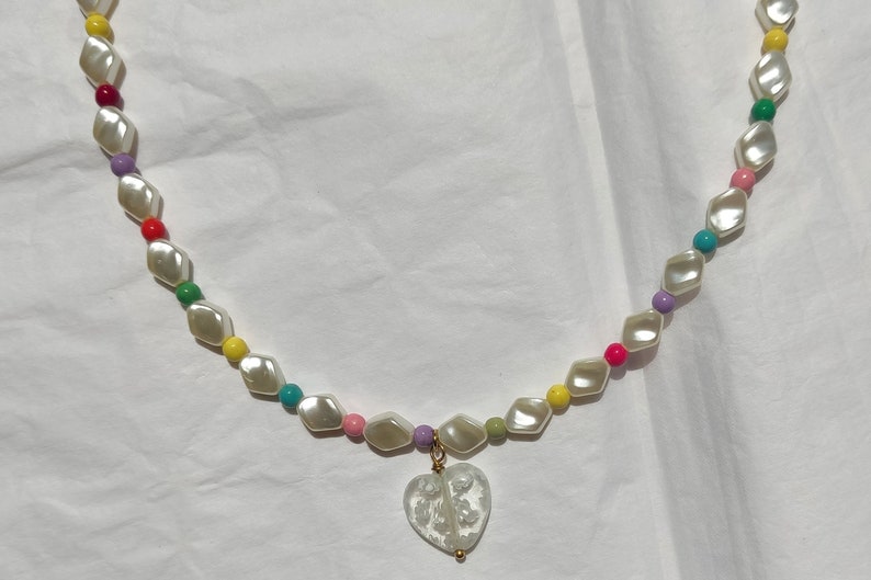 Colorful mixed bead necklace, Millefiori heart necklace, Trendy pearl beaded necklace, Rainbow letter necklace with charm cowrie shell Heart necklace