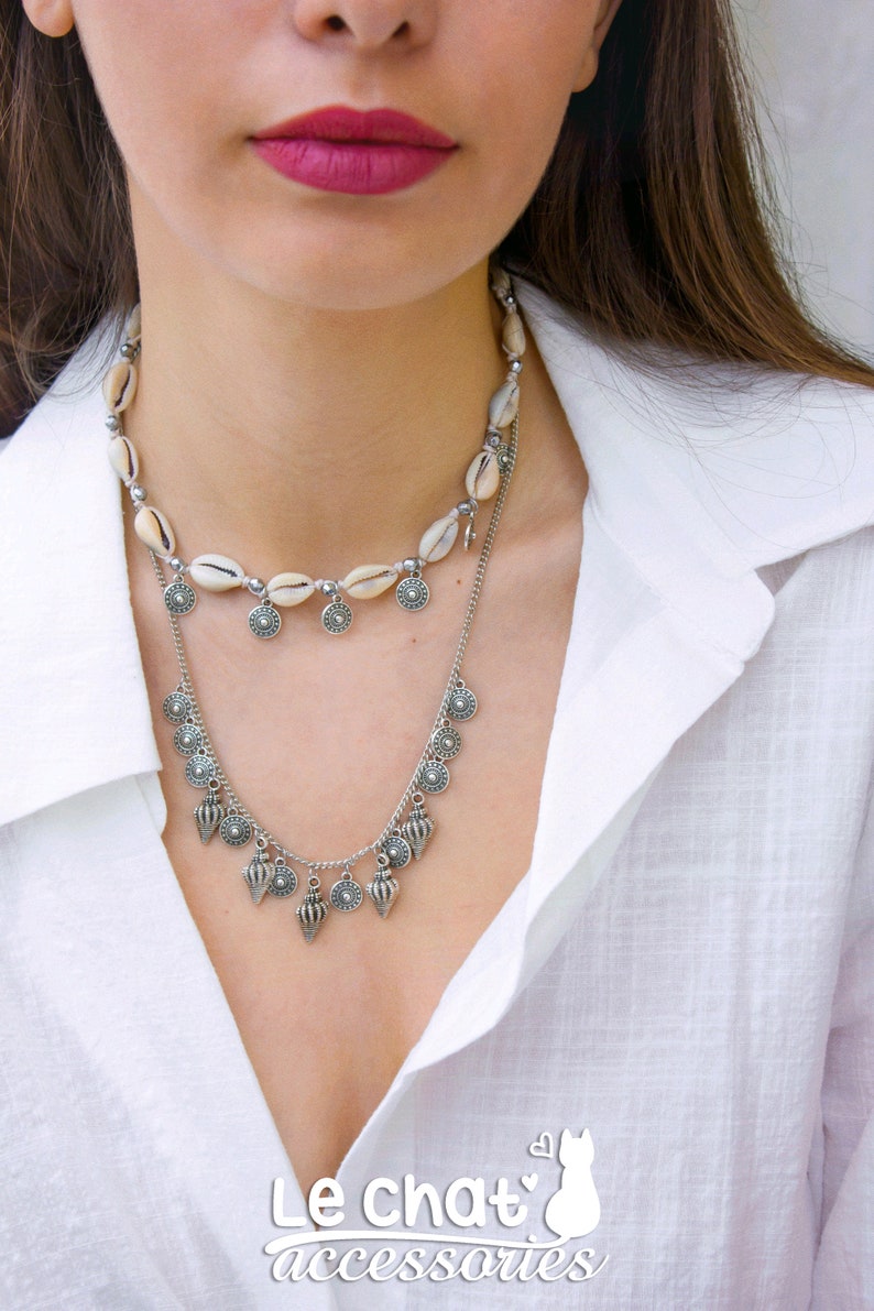 Boho necklace Beach necklace Seashell jewelry SHELL necklace Tropical necklace SHELL CHOKER Silver coin necklace Adjustable necklace