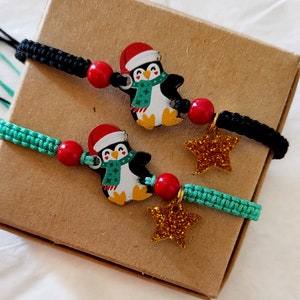 Penguin bracelet with Santa hat on, Gold plexiglass glitter star bracelet, Christmas bracelet gift for her, Penguin macrame braided bracelet