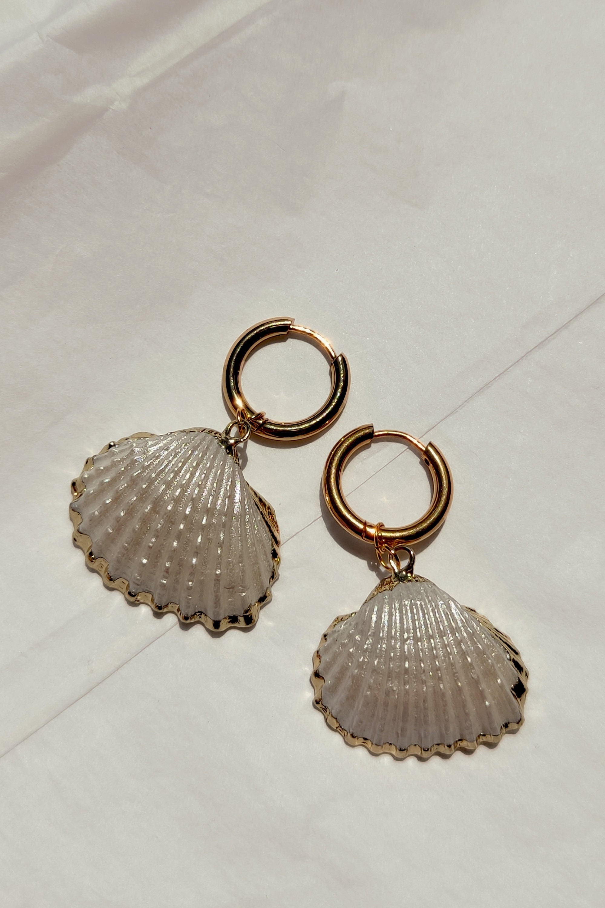 Real Shell Earing Pearl White Real Shell Earrings, Gold Dipped Seashell Hoops, Gold ...