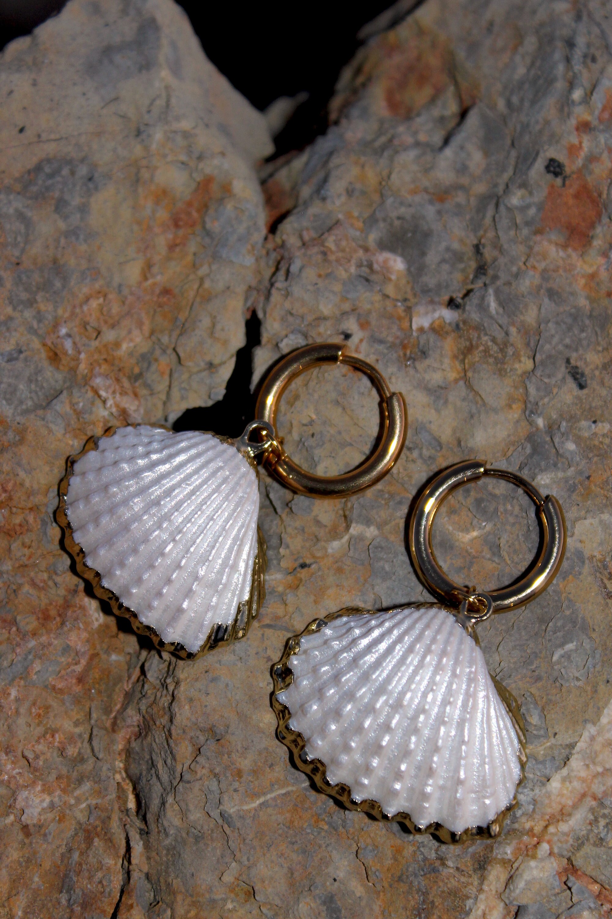 Real Shell Earing Pearl White Real Shell Earrings, Gold Dipped Seashell Hoops, Gold ...