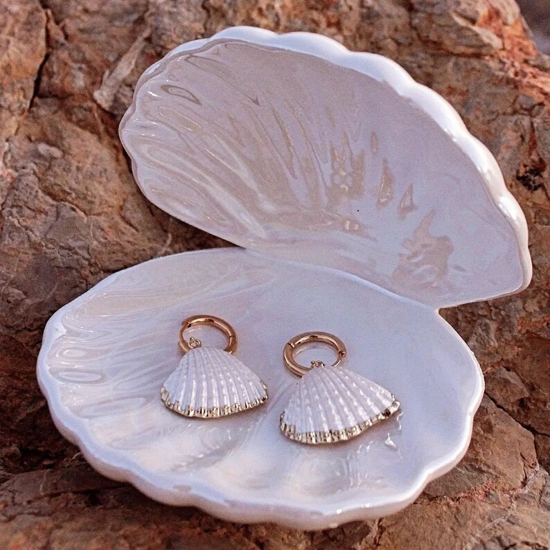 Real Shell Earing Pearl White Real Shell Earrings, Gold Dipped Seashell Hoops, Gold ...