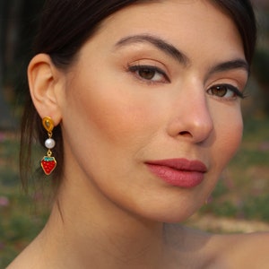 Strawberry fruit earrings, Elegant mismatched earrings, Vintage aesthetic earrings, Pop of color spring earrings, White oval enamel earrings image 3