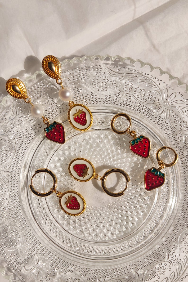 Strawberry fruit earrings, Elegant mismatched earrings, Vintage aesthetic earrings, Pop of color spring earrings, White oval enamel earrings image 8