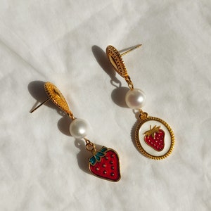 Strawberry fruit earrings, Elegant mismatched earrings, Vintage aesthetic earrings, Pop of color spring earrings, White oval enamel earrings image 5