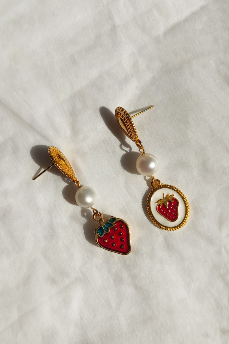 Strawberry fruit earrings, Elegant mismatched earrings, Vintage aesthetic earrings, Pop of color spring earrings, White oval enamel earrings image 5