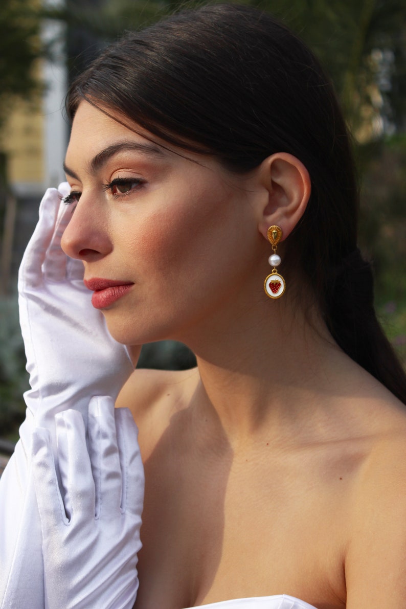 Strawberry fruit earrings, Elegant mismatched earrings, Vintage aesthetic earrings, Pop of color spring earrings, White oval enamel earrings image 2