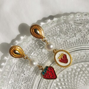 Strawberry fruit earrings, Elegant mismatched earrings, Vintage aesthetic earrings, Pop of color spring earrings, White oval enamel earrings image 7