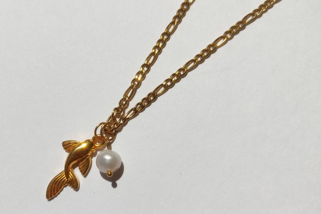 Fish Roe Pattern Chain Koi Fish Chain Necklace, Symbolic Zodiac Fish Pendant, Gold Stainless ...