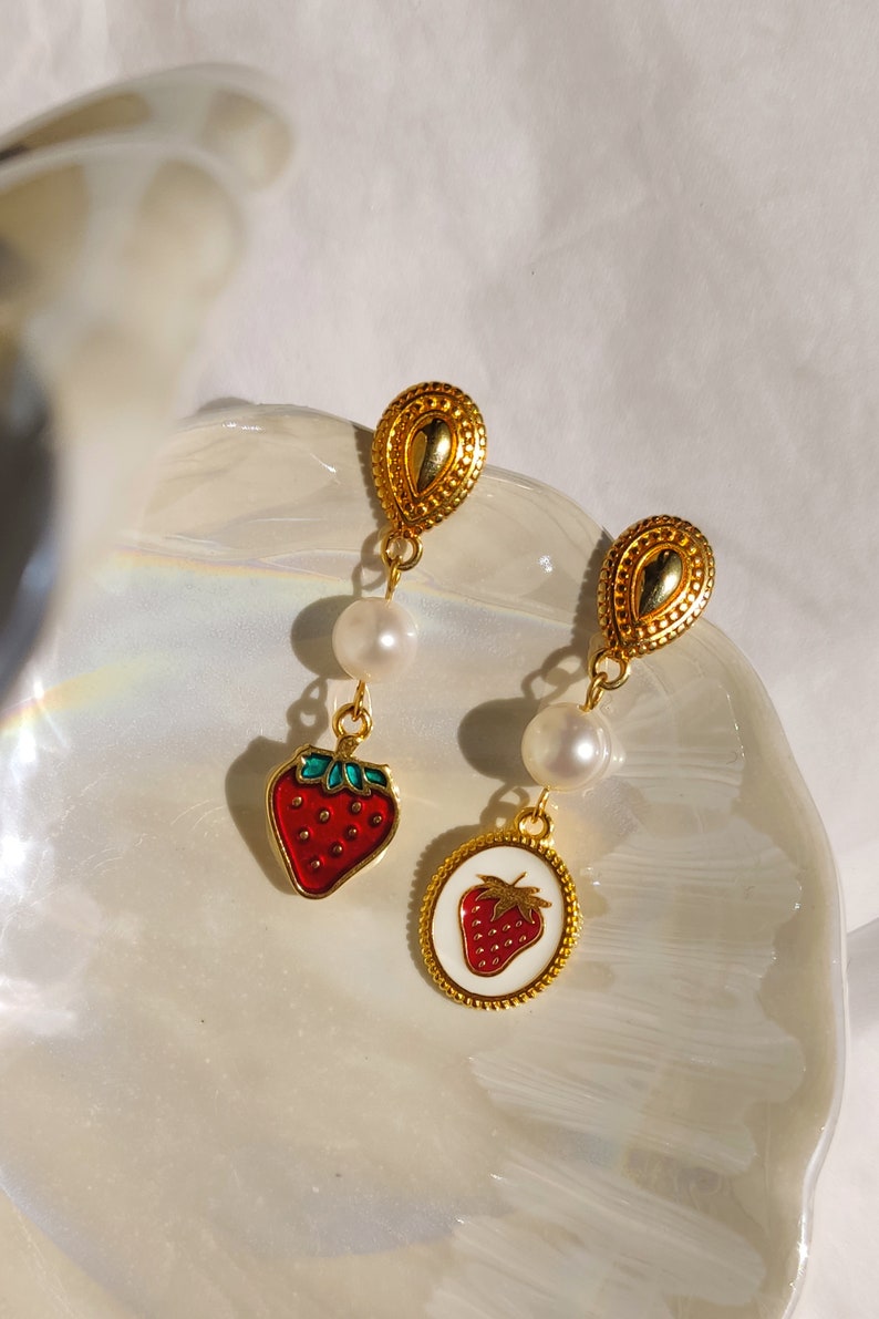 Strawberry fruit earrings, Elegant mismatched earrings, Vintage aesthetic earrings, Pop of color spring earrings, White oval enamel earrings image 4