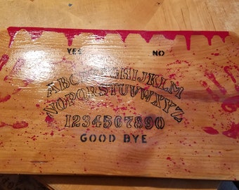 Custom Ouija Board and Planchette , Kids handprint splattered red. Awesome horror piece!