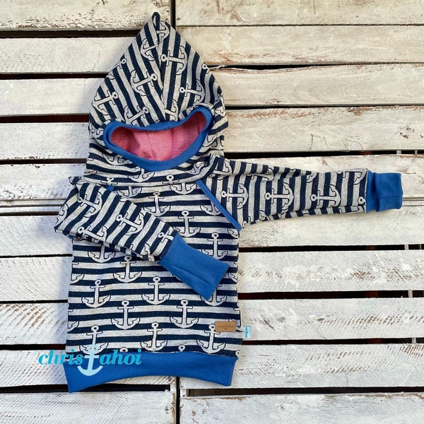 Ab 31 EUR: Retro Zipfel- Kapuzenpullover Anker blau in verschiedenen Größen