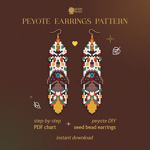 May include: A pair of long, narrow peyote earrings featuring a geometric pattern in white, brown, green, red, blue, and yellow seed beads. The text reads PEYOTE EARRINGS PATTERN, step-by-step PDF chart, peyote DIY seed bead earrings, and instant download.