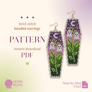 May include: A brick stitch beaded earring pattern PDF featuring two long, coffin-shaped designs with white ghosts, green leaves, and a purple night sky with a crescent moon. The text reads brick stitch beaded earrings PATTERN instant download PDF.