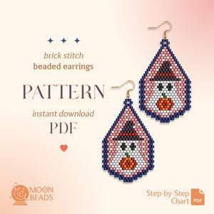 May include: A digital PDF pattern for brick stitch beaded earrings featuring a ghost wearing a witch hat and holding a pumpkin. The design includes text: brick stitch beaded earrings, PATTERN, instant download, PDF, and MOON BEADS.