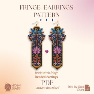 May include: A digital pattern for brick stitch fringe beaded earrings titled FRINGE EARRINGS PATTERN. The design features a symmetrical motif with blue, pink, and orange geometric shapes on a black background, including a step-by-step PDF chart.