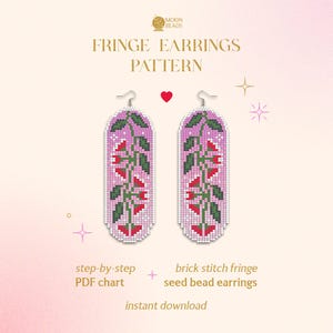 May include: A digital pattern for fringe earrings featuring a pink background with a green vine and red flower motif. The text reads Moon Beads, Fringe Earrings Pattern, step-by-step PDF chart, brick stitch fringe seed bead earrings.